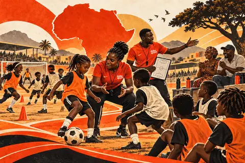 Une éducatrice et un éducateur Kobo Sport encadrent des enfants sur un terrain en terre, sous le regard des parents